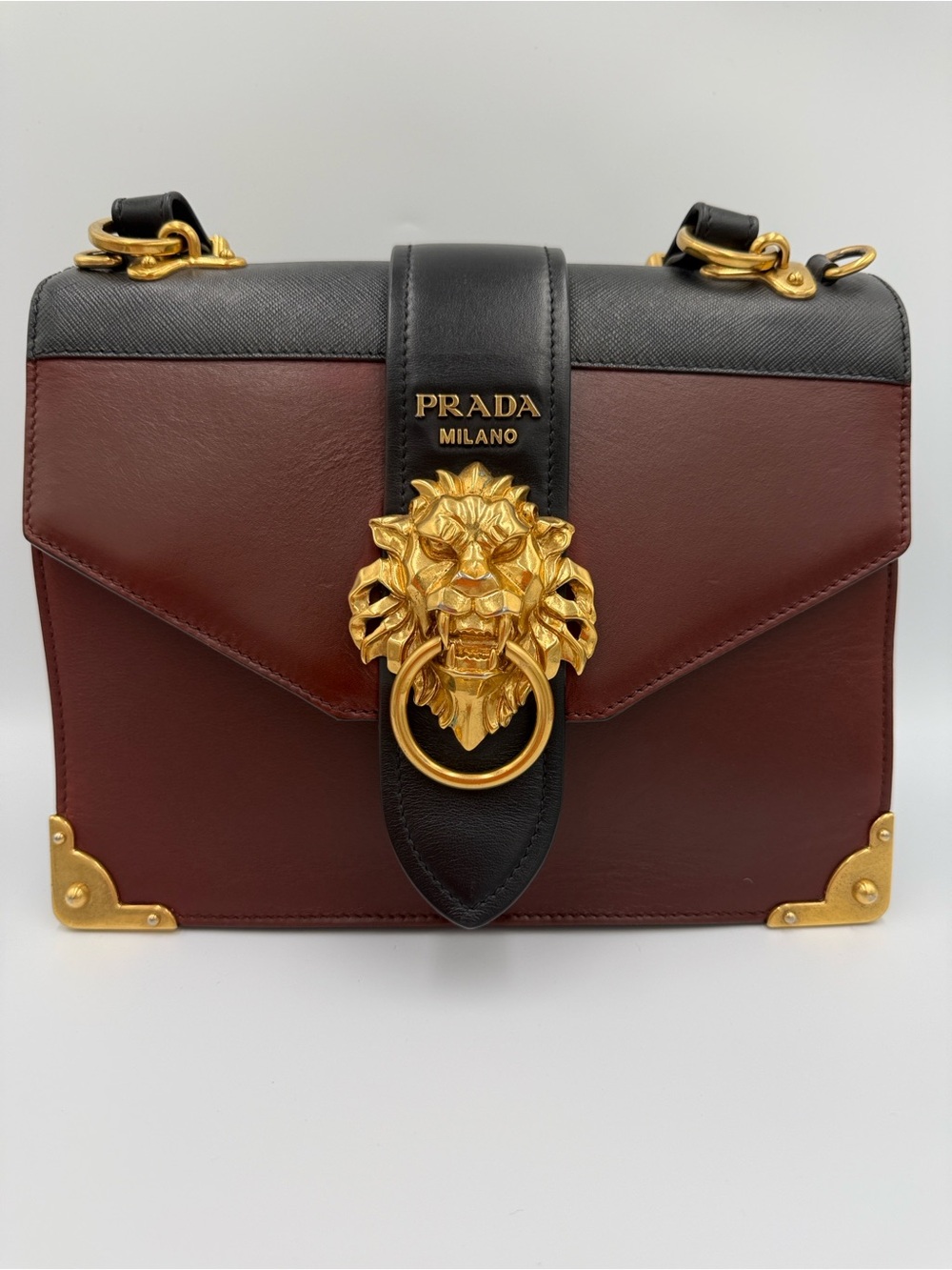 Prada Animalier Cahier Medium Brown & Black 2 way Bag with Gold Lion Hardware